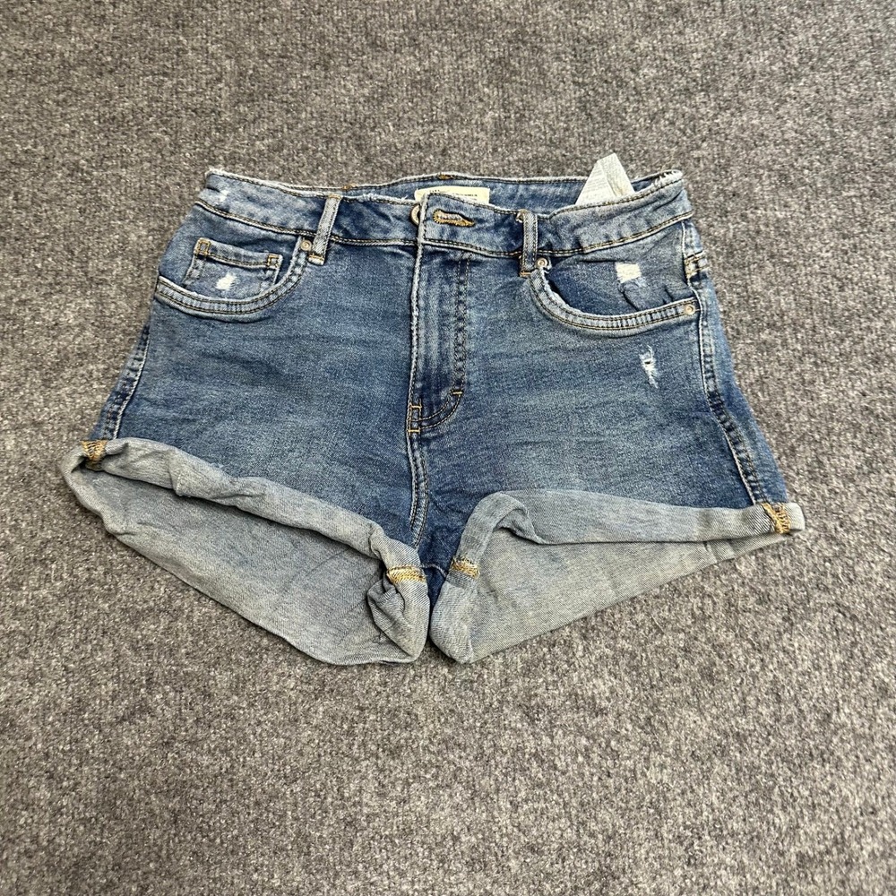 Zara Denim Shorts Womens Size 4 Blue High Waisted Distressed Cuffed Hem Exc